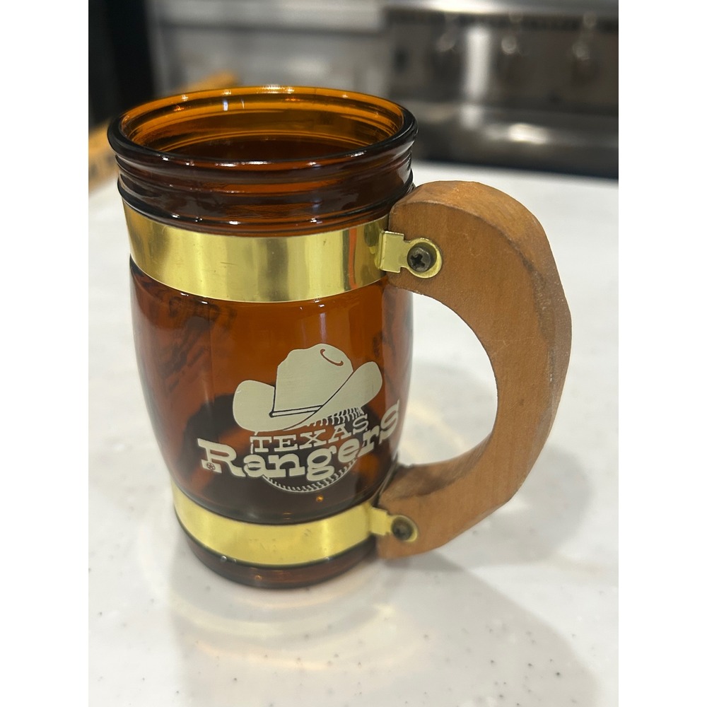Vintage Texas Rangers Amber Glass Mug Arlington Stadium Wood Handle MLB USA